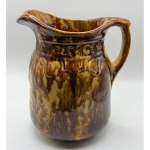 Vintage Rockingham Glaze Yellowware Pitcher Brown Mottled Tortoiseshell Ceramic